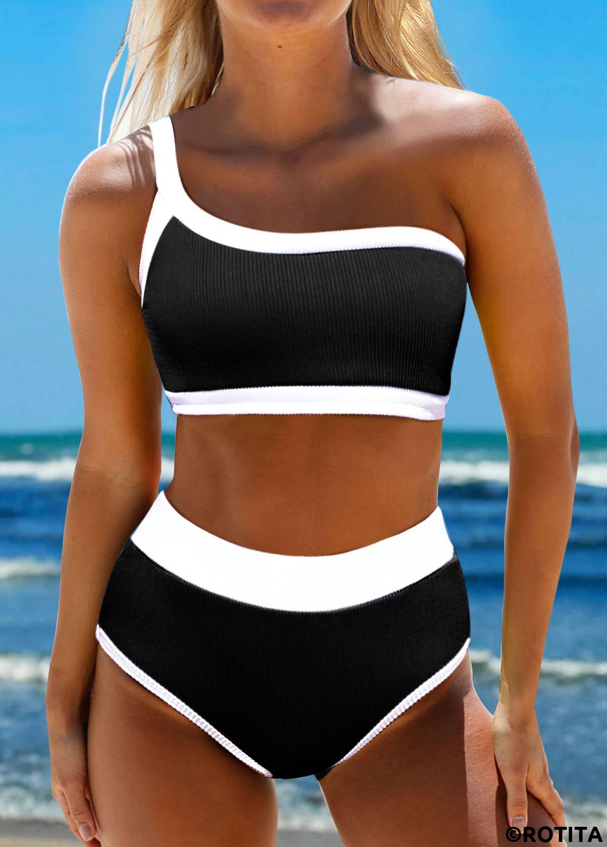 Black swimwear,Contrast Color swimwear,ROTITA Contrast Binding Asymmetric Black Bikini Set