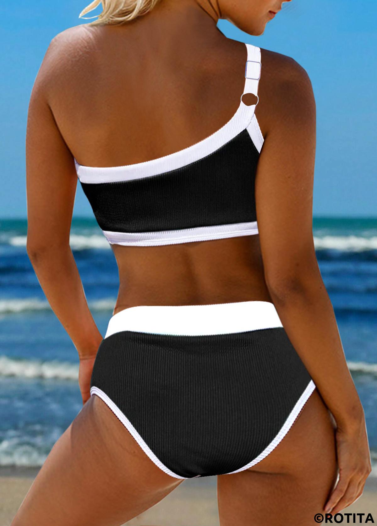 Black swimwear,Contrast Color swimwear,ROTITA Contrast Binding Asymmetric Black Bikini Set