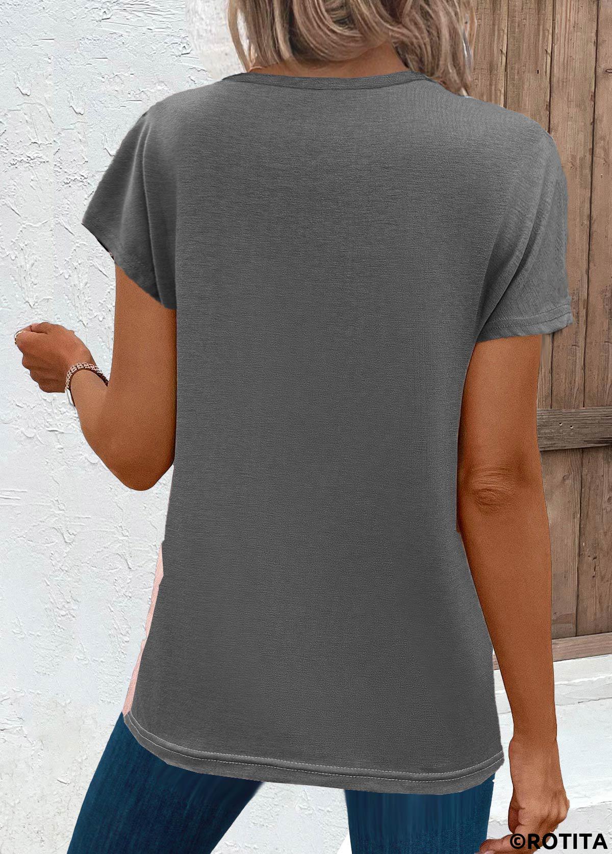 Grey tops,Pink tops,Leopard tops,ROTITA Cut Out Leopard Grey Short Sleeve T Shirt