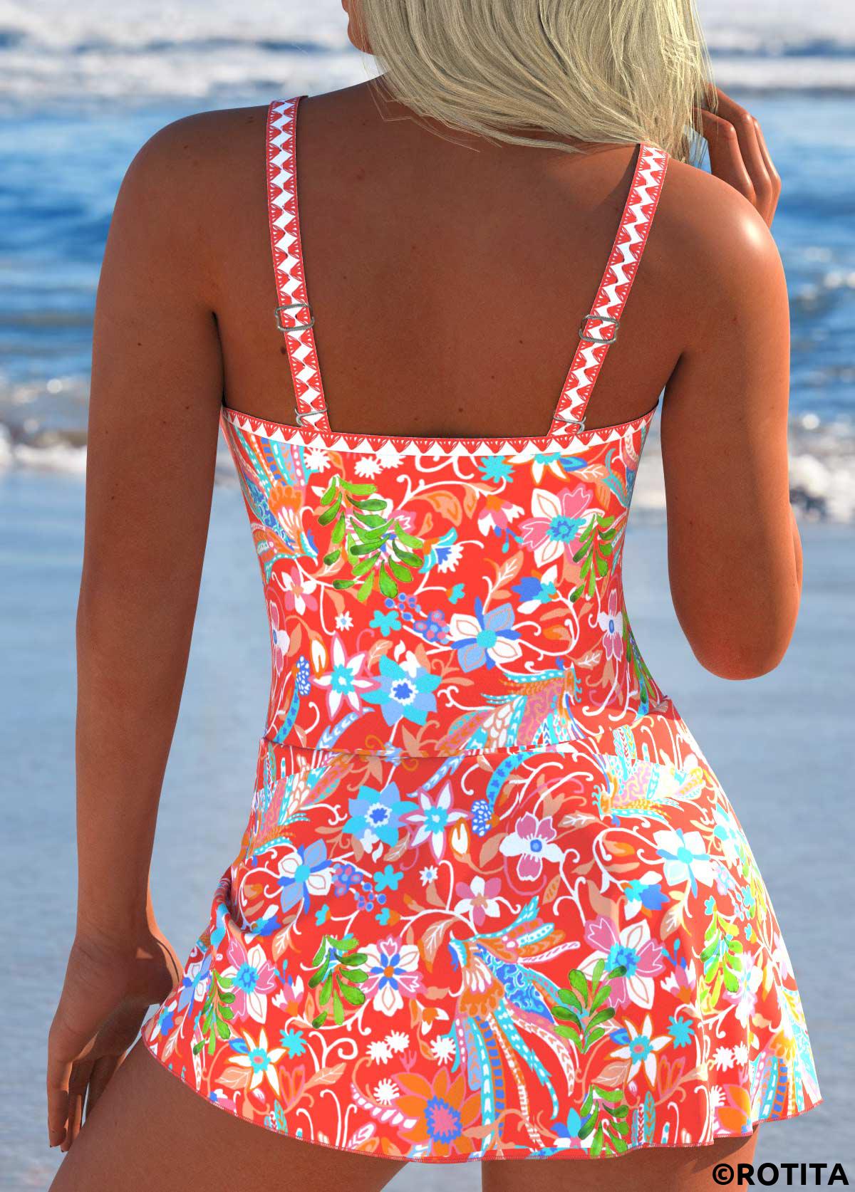 Coral swimwear,Floral swimwear,Plants swimwear,ROTITA Tie Coral Floral Print One Piece Swimdress