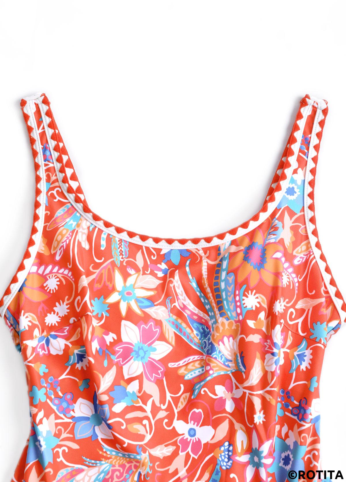 Coral swimwear,Floral swimwear,Plants swimwear,ROTITA Tie Coral Floral Print One Piece Swimdress
