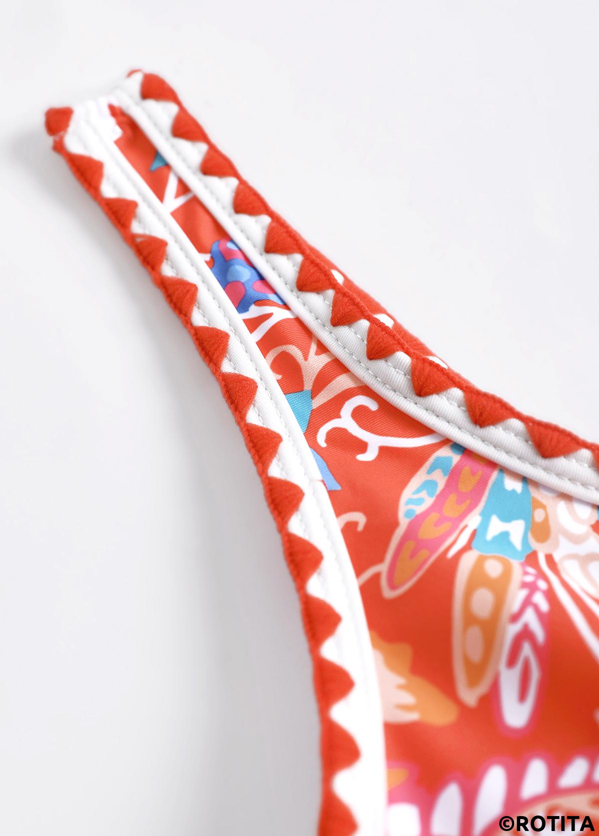Coral swimwear,Floral swimwear,Plants swimwear,ROTITA Tie Coral Floral Print One Piece Swimdress