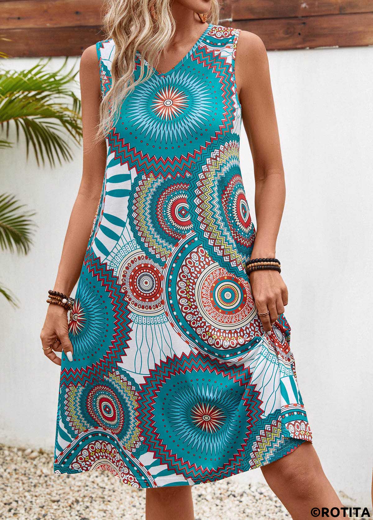 Turquoise dresses,Tribal dresses,Everyday dresses,Casual dresses,Lightweight Tribal Print Turquoise V Neck Sleeveless Dress