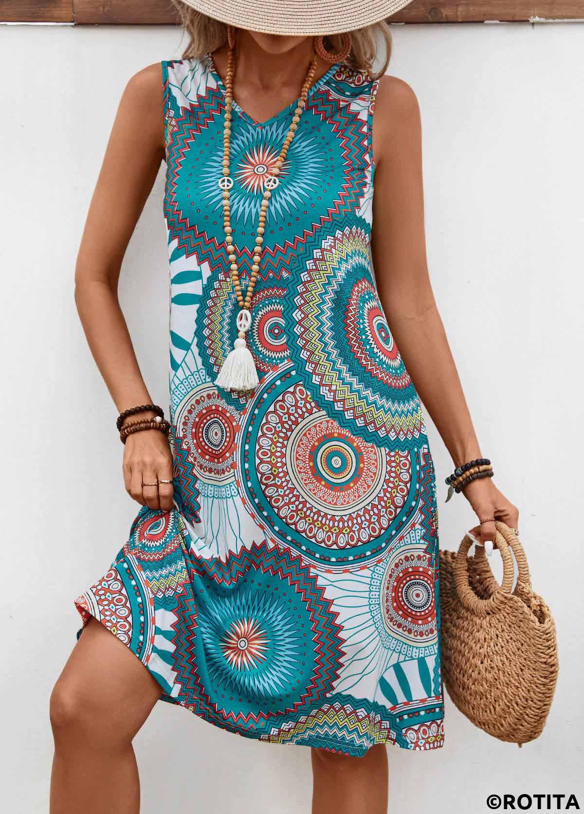 Turquoise dresses,Tribal dresses,Everyday dresses,Casual dresses,Lightweight Tribal Print Turquoise V Neck Sleeveless Dress