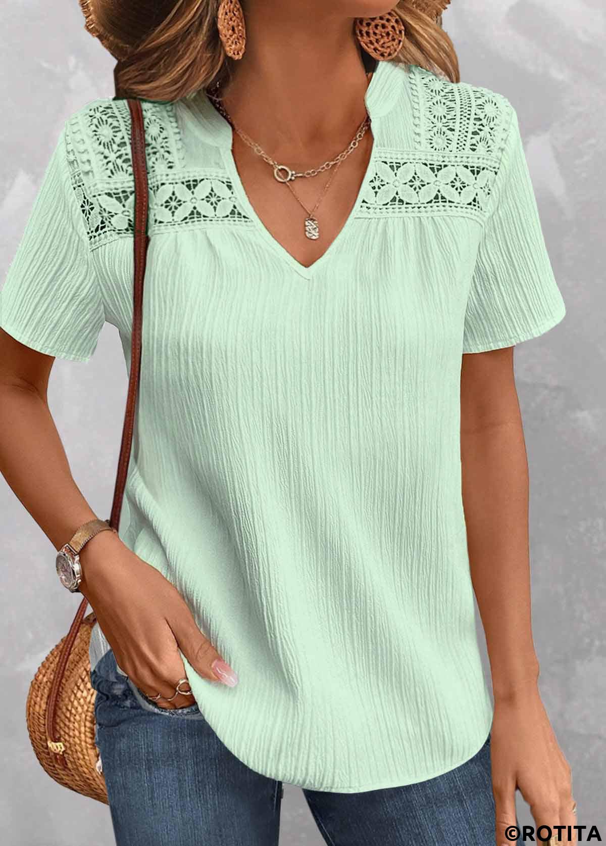 Light Green tops,Plain Color tops,ROTITA Patchwork Light Green V Neck Short Sleeve Blouse