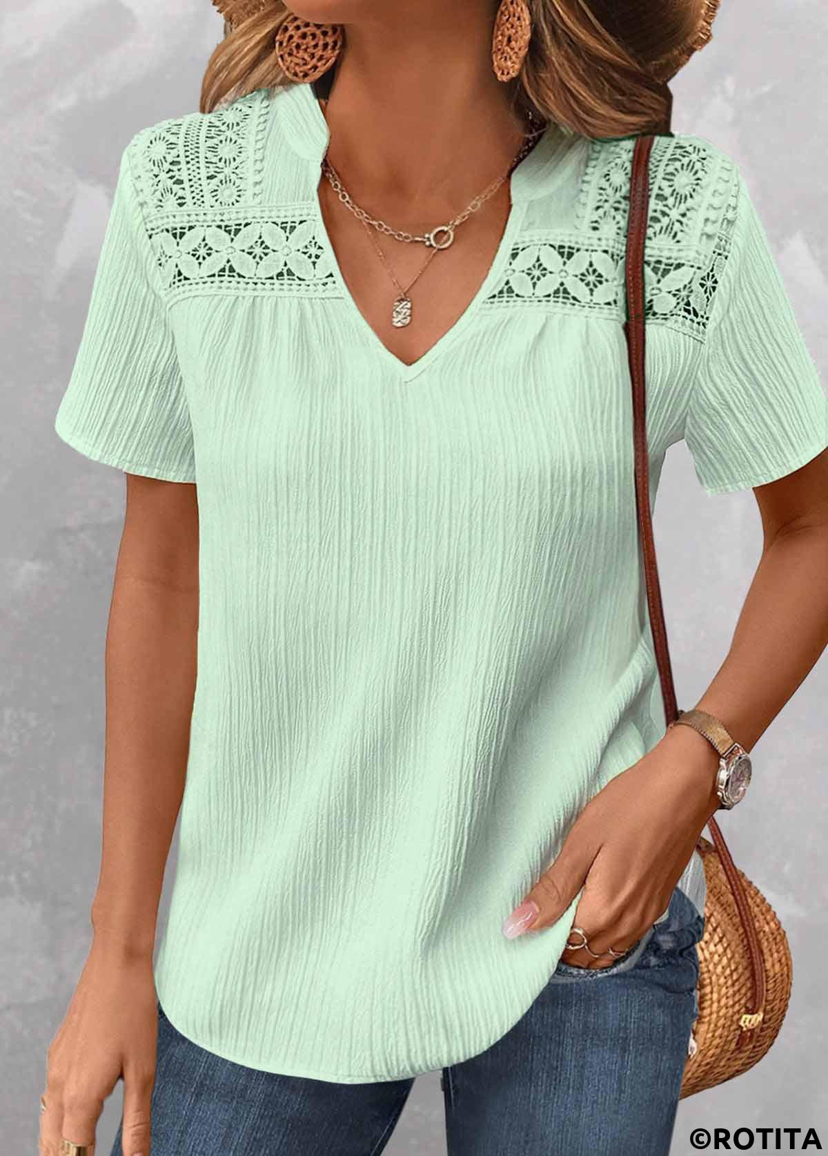 Light Green tops,Plain Color tops,ROTITA Patchwork Light Green V Neck Short Sleeve Blouse