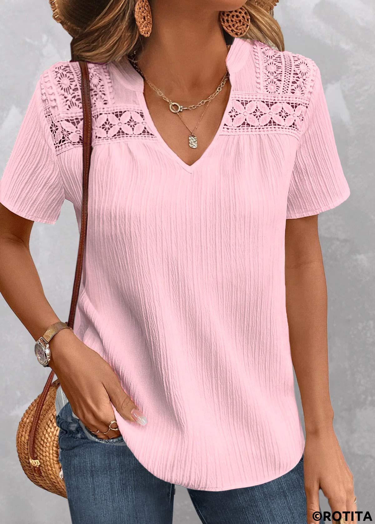 Light Pink tops,Plain Color tops,ROTITA Patchwork Light Pink V Neck Short Sleeve Blouse