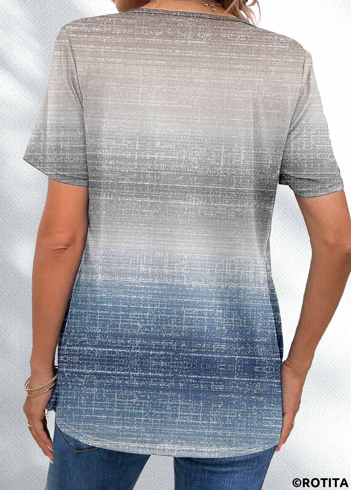 Rotita Ombre staubiges Blau V-Ausschnitt gefälschter zweiteiliger Twinset