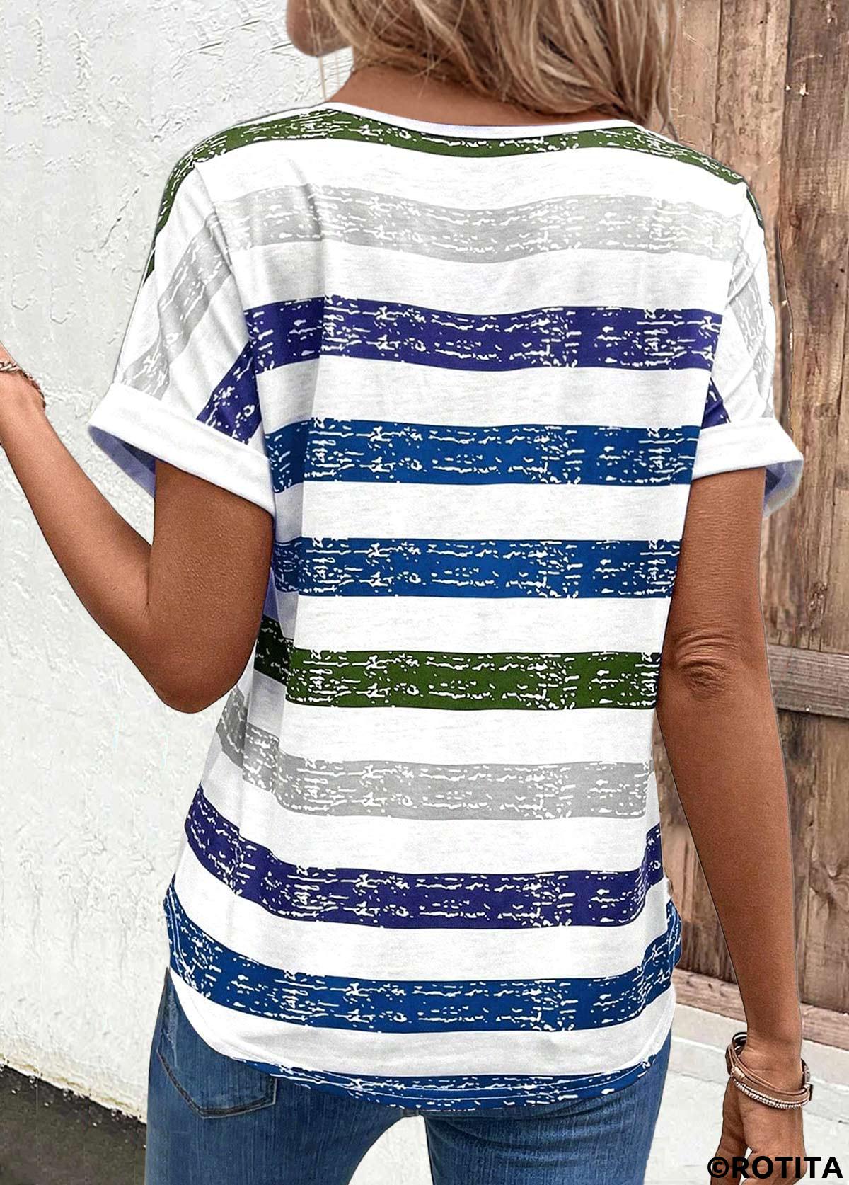 Sky Blue tops,Striped tops,Geometric tops,ROTITA Breathable Multi Stripe Print Sky Blue T Shirt
