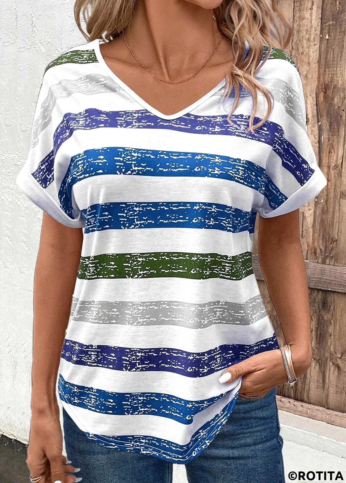 Sky Blue tops,Striped tops,Geometric tops,ROTITA Breathable Multi Stripe Print Sky Blue T Shirt