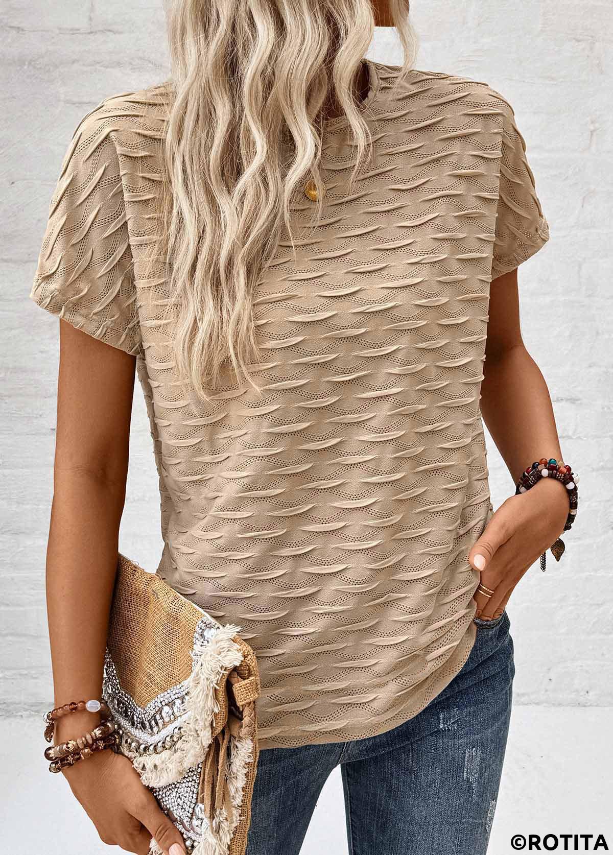t-shirt col rond en tissu texturé camel clair