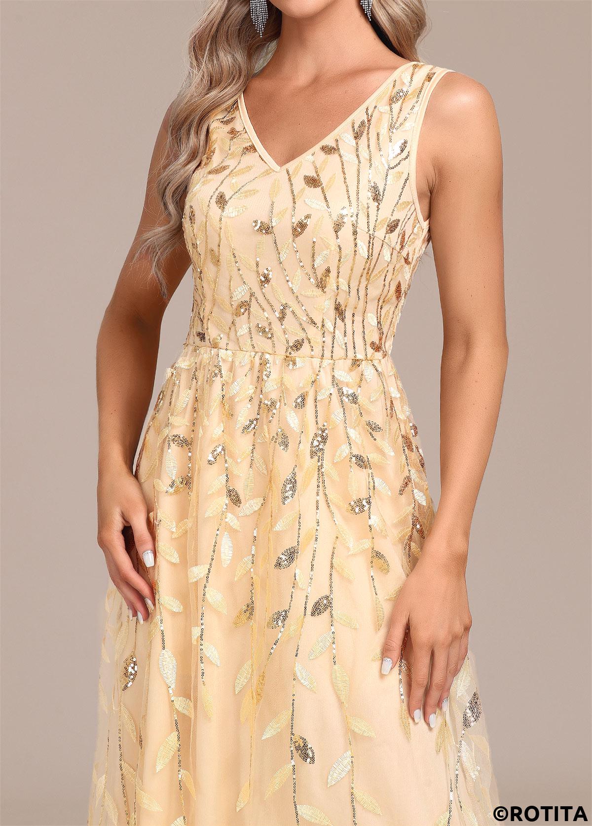 Champagne dresses,Plain Color dresses,Party dresses,Elegant dresses,ROTITA Embroidery Champagne V Neck Sleeveless Dress