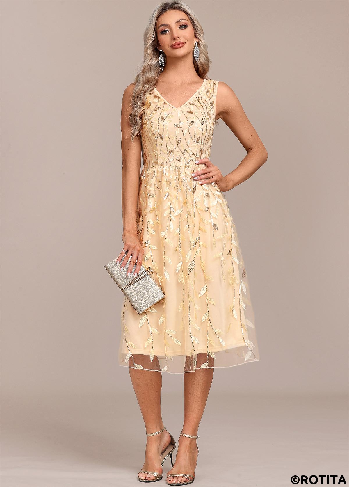 Champagne dresses,Plain Color dresses,Party dresses,Elegant dresses,ROTITA Embroidery Champagne V Neck Sleeveless Dress