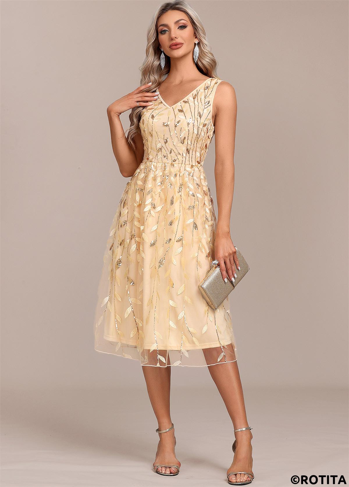 Champagne dresses,Plain Color dresses,Party dresses,Elegant dresses,ROTITA Embroidery Champagne V Neck Sleeveless Dress