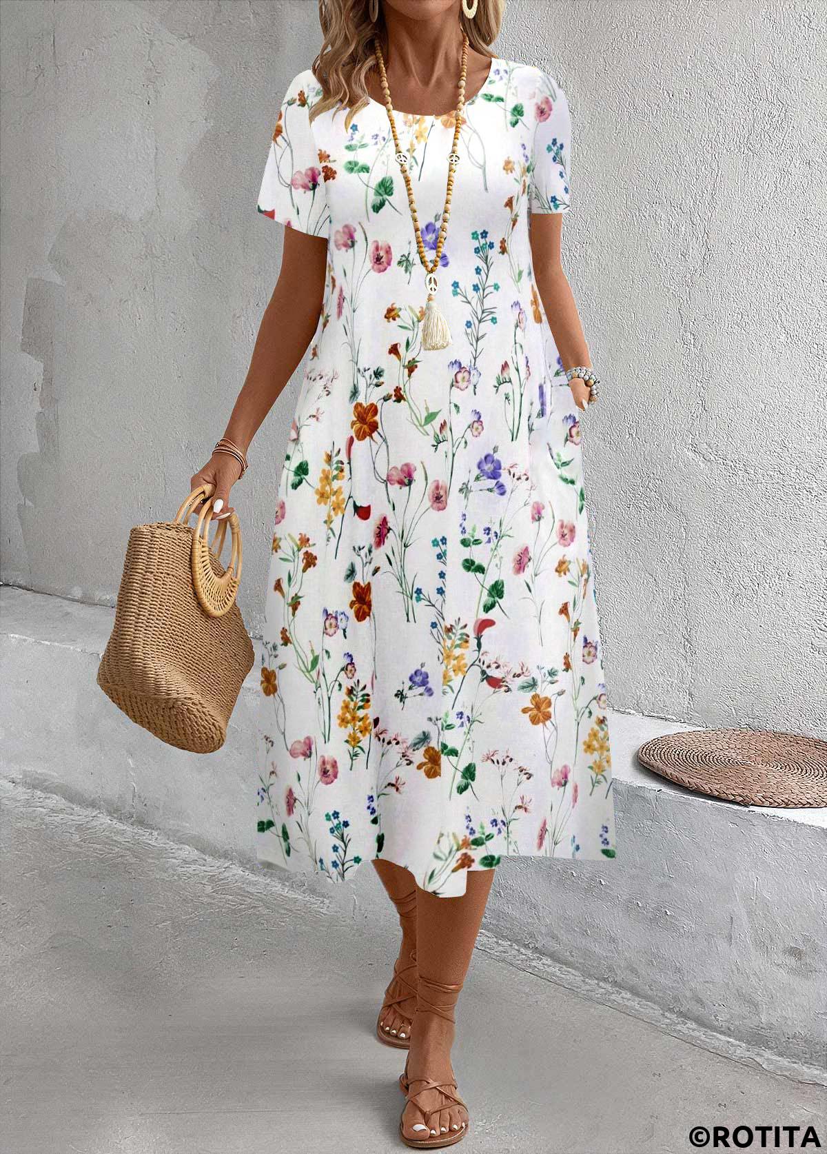 White dresses,Floral dresses,Plants dresses,Everyday dresses,Casual dresses,ROTITA Breathable Floral Print White A Line Round Neck Dress