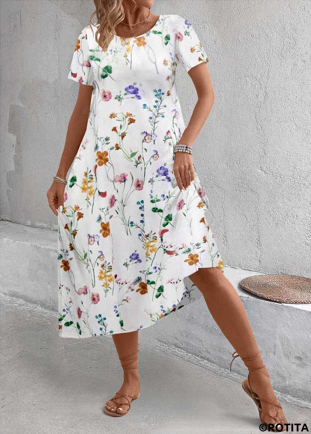 White dresses,Floral dresses,Plants dresses,Everyday dresses,Casual dresses,ROTITA Breathable Floral Print White A Line Round Neck Dress