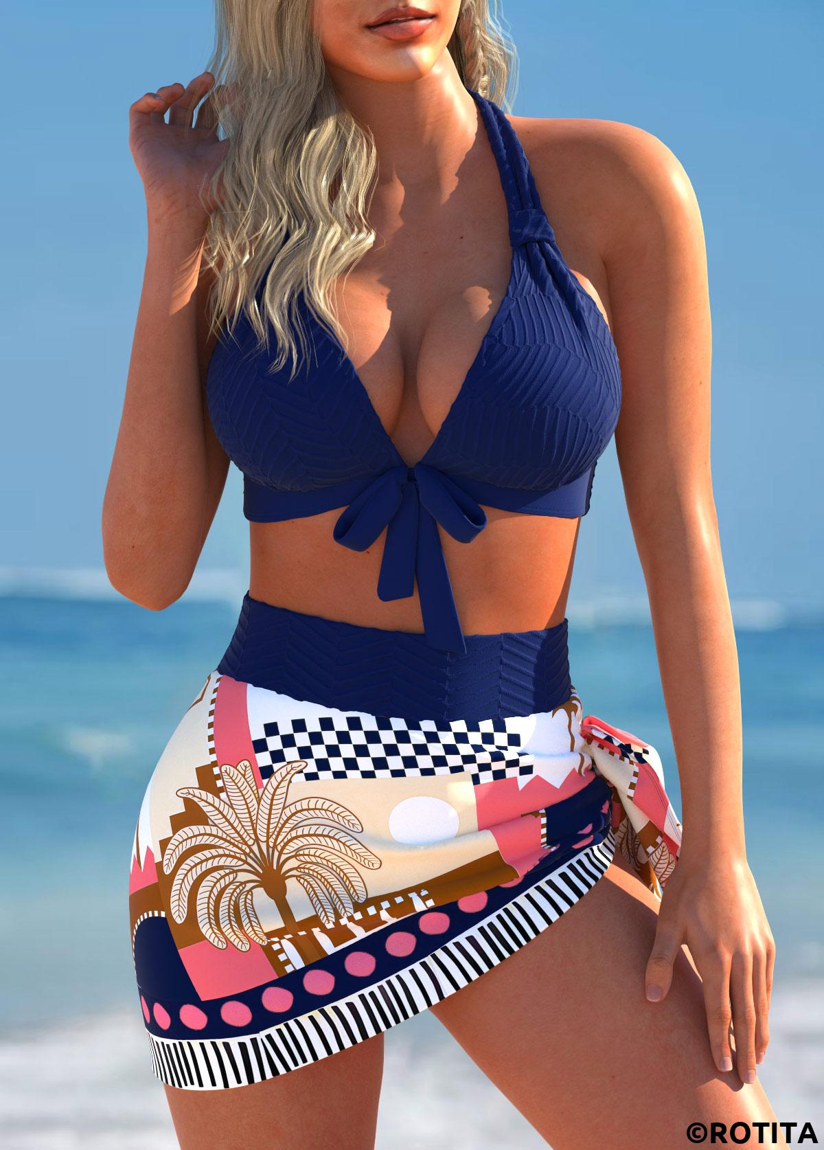 Navy swimwear,Plants swimwear,ROTITA Bowknot Navy Tropical Plants Print Bikini Set