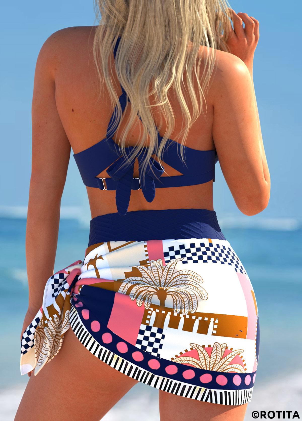 Navy swimwear,Plants swimwear,ROTITA Bowknot Navy Tropical Plants Print Bikini Set