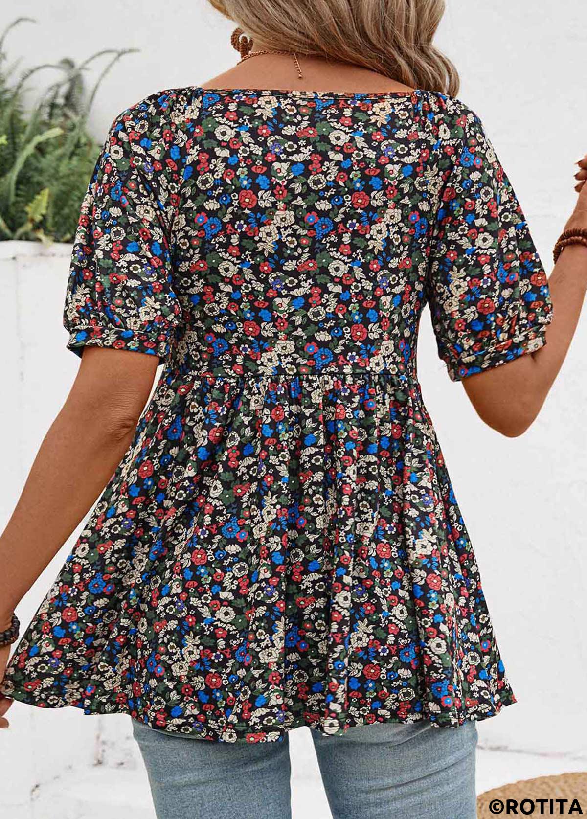 chemisier froncé à imprimé floral multicolore à col en V