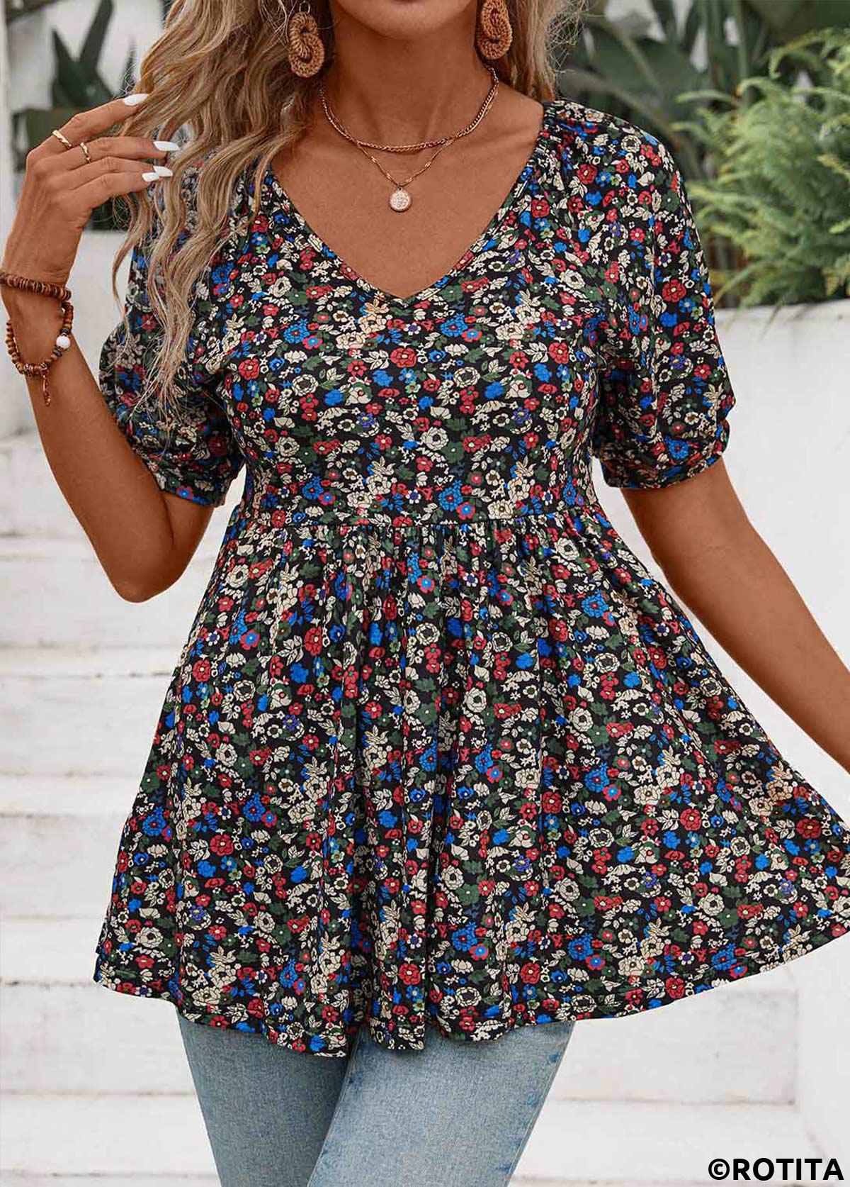 chemisier froncé à imprimé floral multicolore à col en V