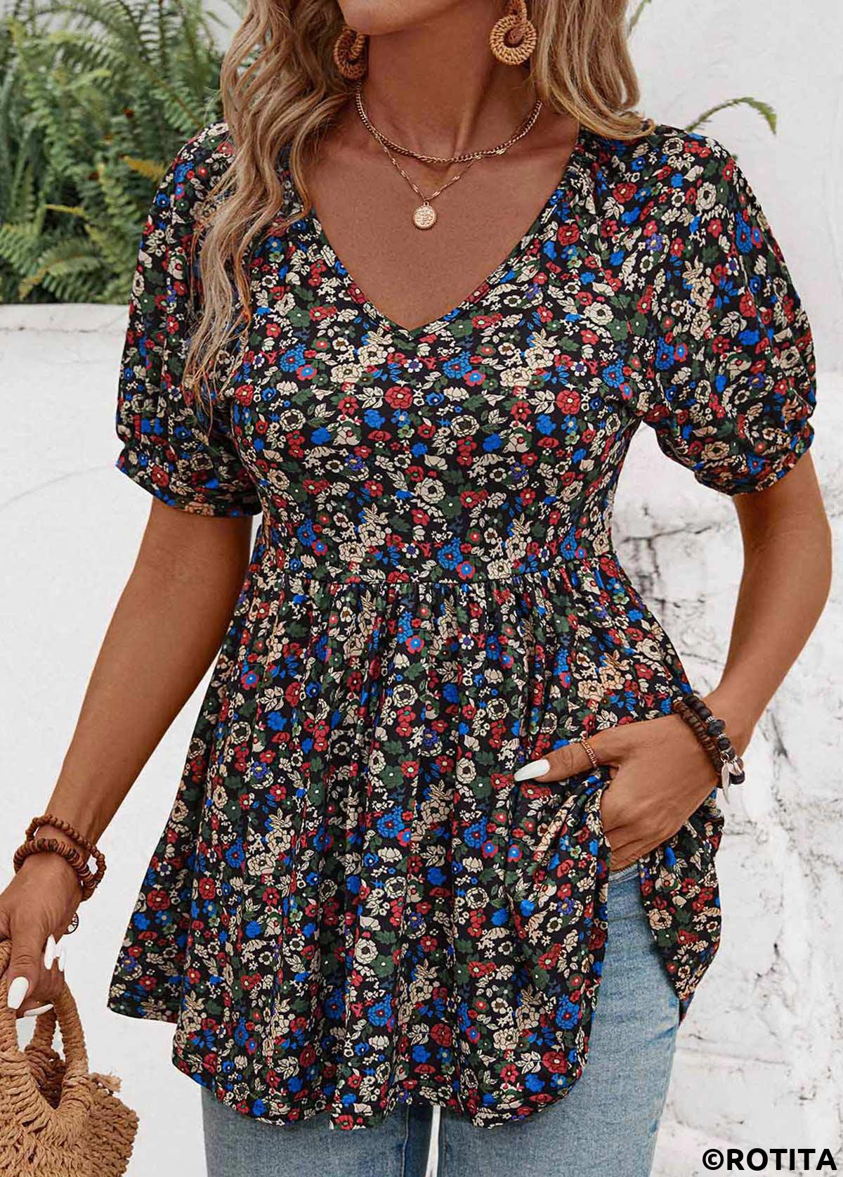 chemisier froncé à imprimé floral multicolore à col en V