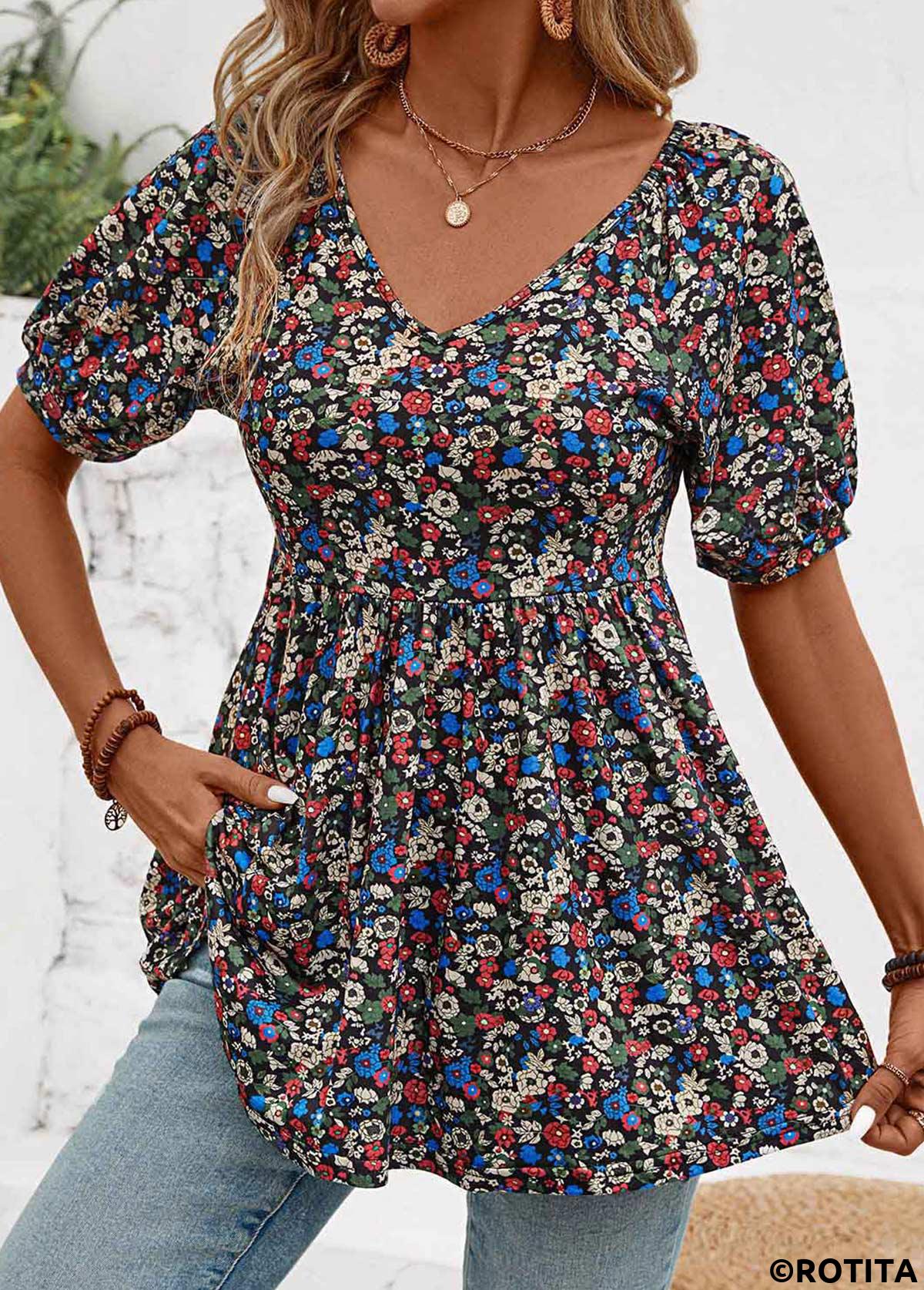 chemisier froncé à imprimé floral multicolore à col en V