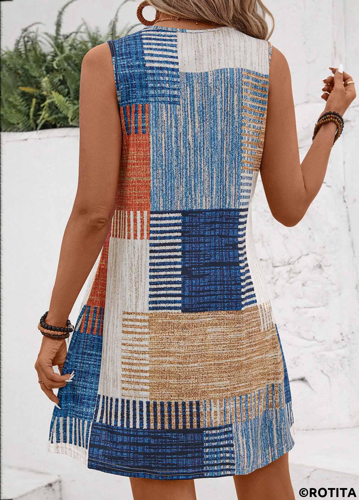 Multi Color dresses,Geometric dresses,Everyday dresses,Casual dresses,Lightweight Geometric Print Multi Color Short Sleeveless Shift Dress