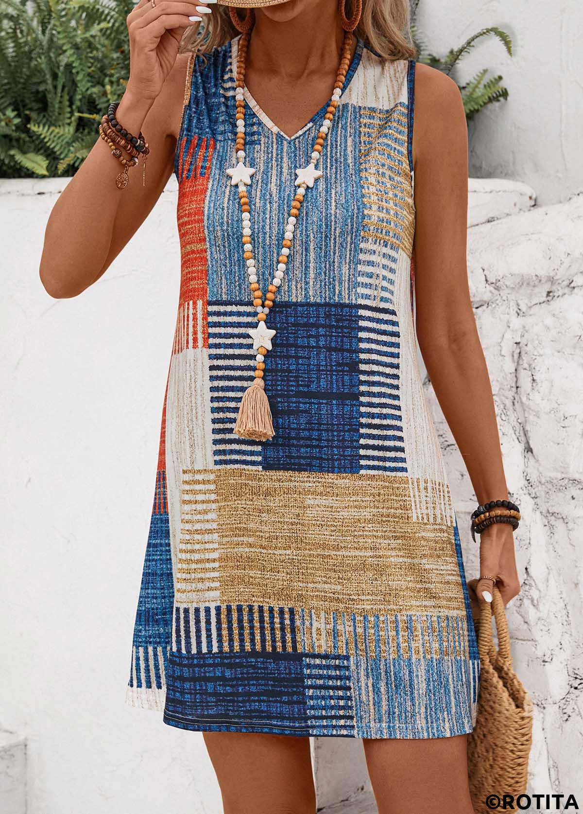 Multi Color dresses,Geometric dresses,Everyday dresses,Casual dresses,Lightweight Geometric Print Multi Color Short Sleeveless Shift Dress