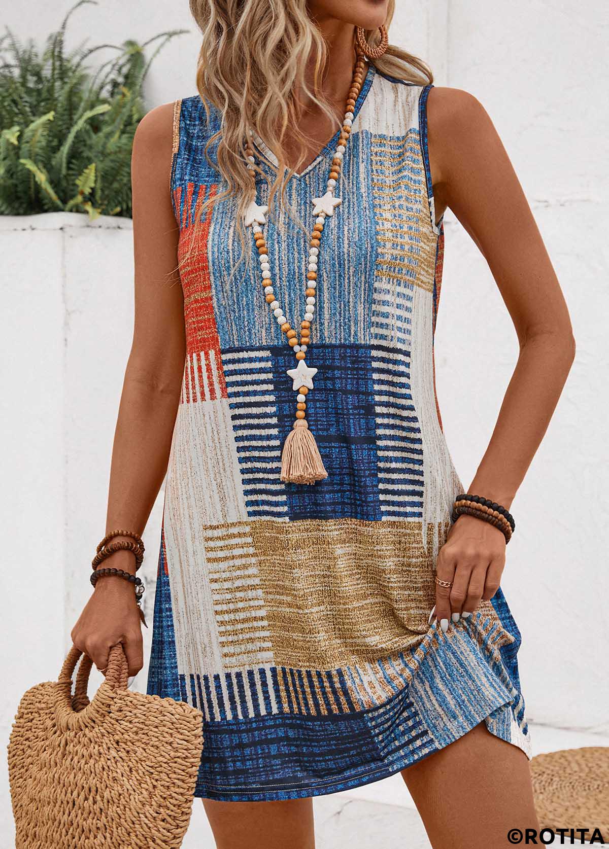 Multi Color dresses,Geometric dresses,Everyday dresses,Casual dresses,Lightweight Geometric Print Multi Color Short Sleeveless Shift Dress