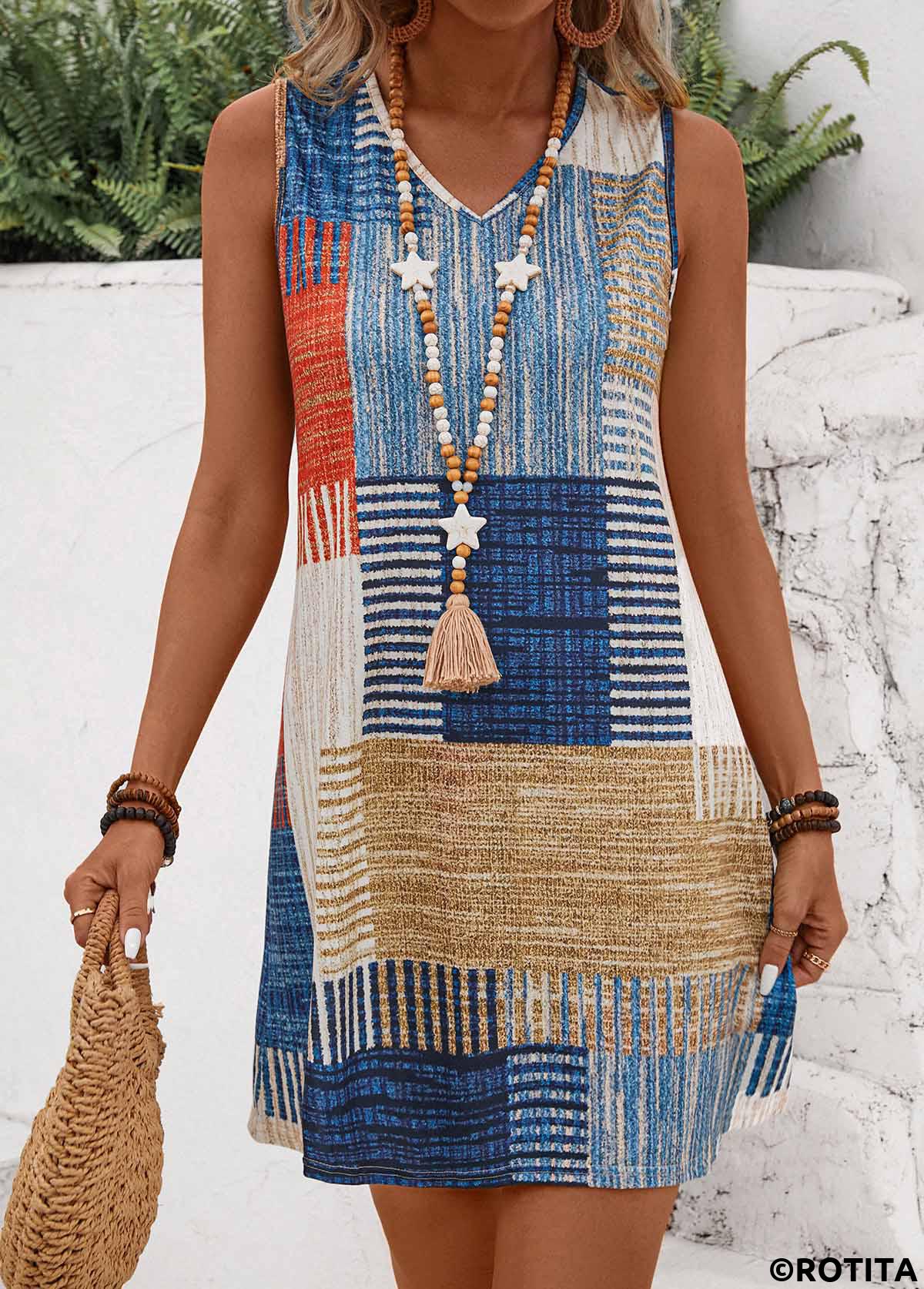 Multi Color dresses,Geometric dresses,Everyday dresses,Casual dresses,Lightweight Geometric Print Multi Color Short Sleeveless Shift Dress