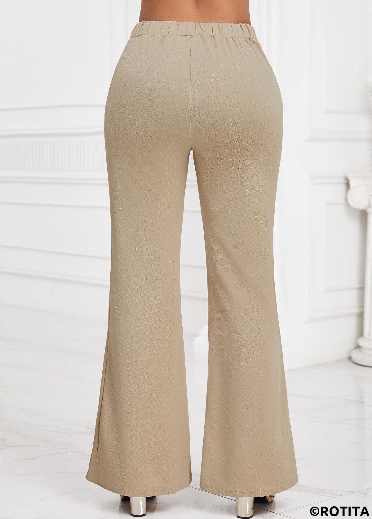 Light Camel bottoms,Plain Color bottoms,Button Light Camel Flare Leg Elastic Waist Pants