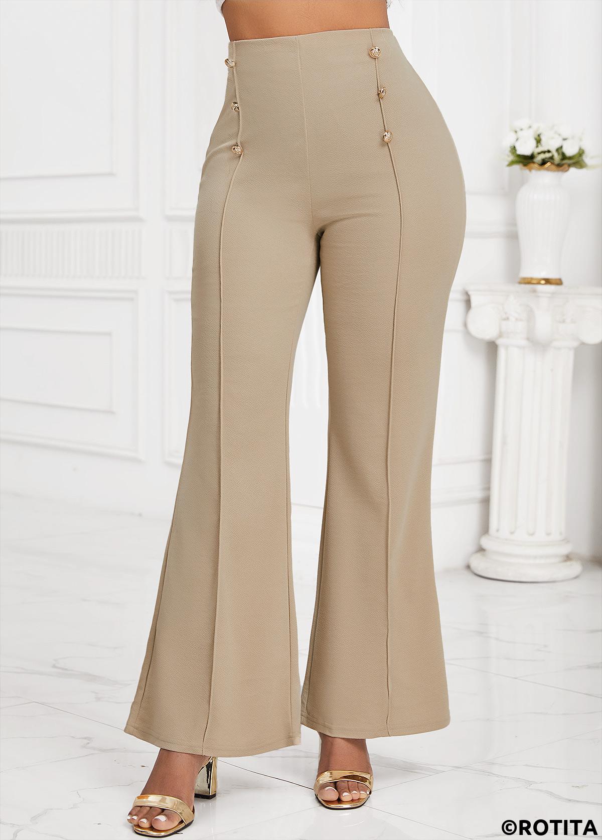 Light Camel bottoms,Plain Color bottoms,Button Light Camel Flare Leg Elastic Waist Pants