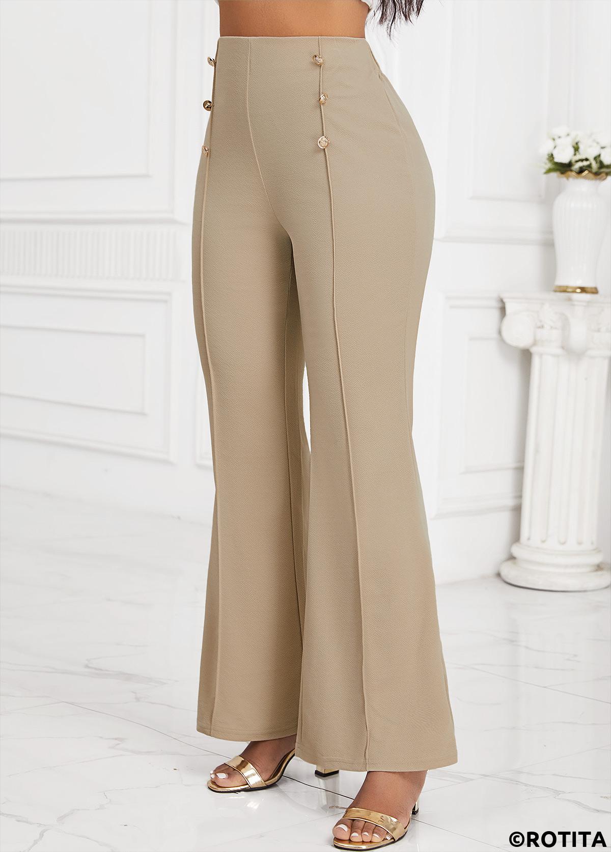 Light Camel bottoms,Plain Color bottoms,Button Light Camel Flare Leg Elastic Waist Pants