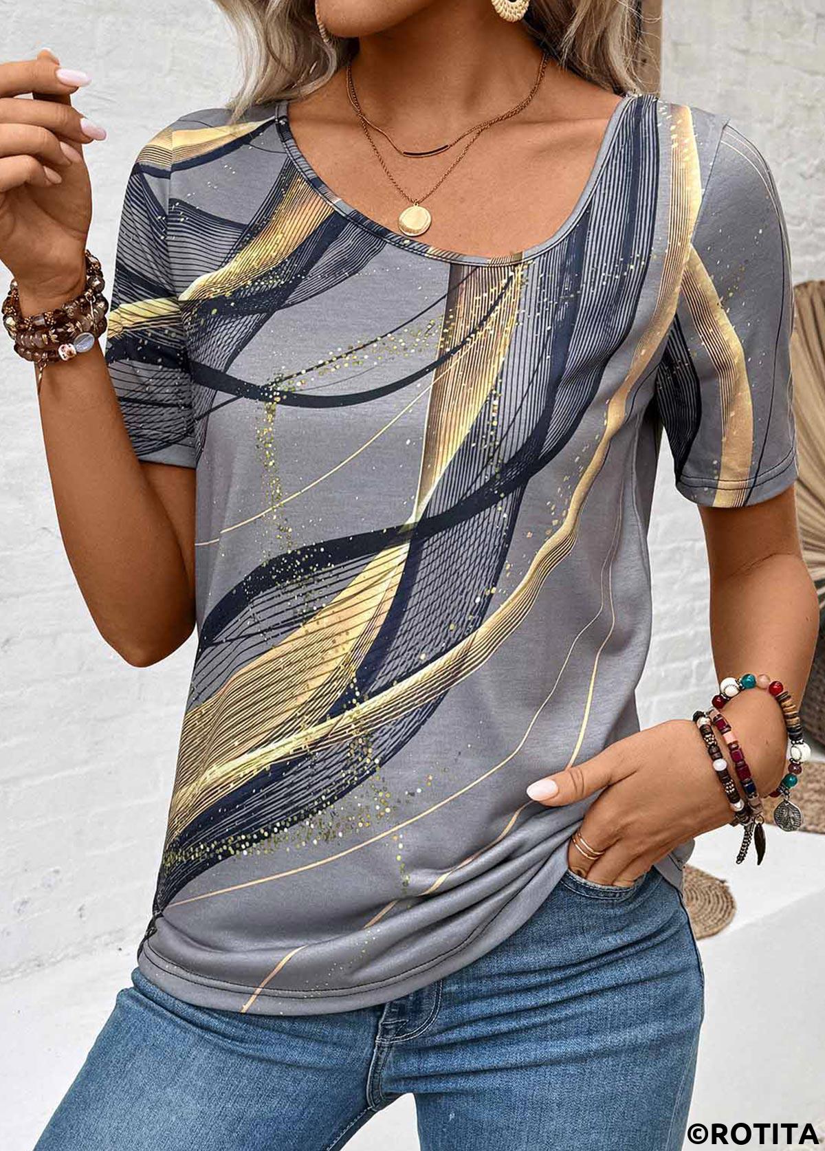 t-shirt léger à col asymétrique gris foncé à imprimé géométrique