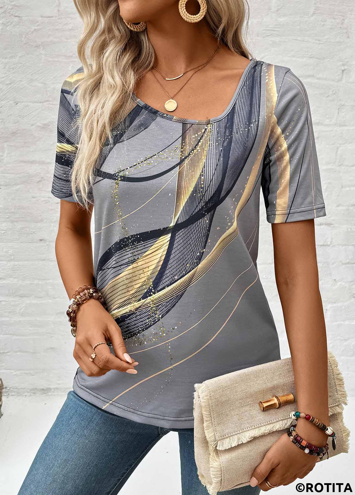 t-shirt léger à col asymétrique gris foncé à imprimé géométrique