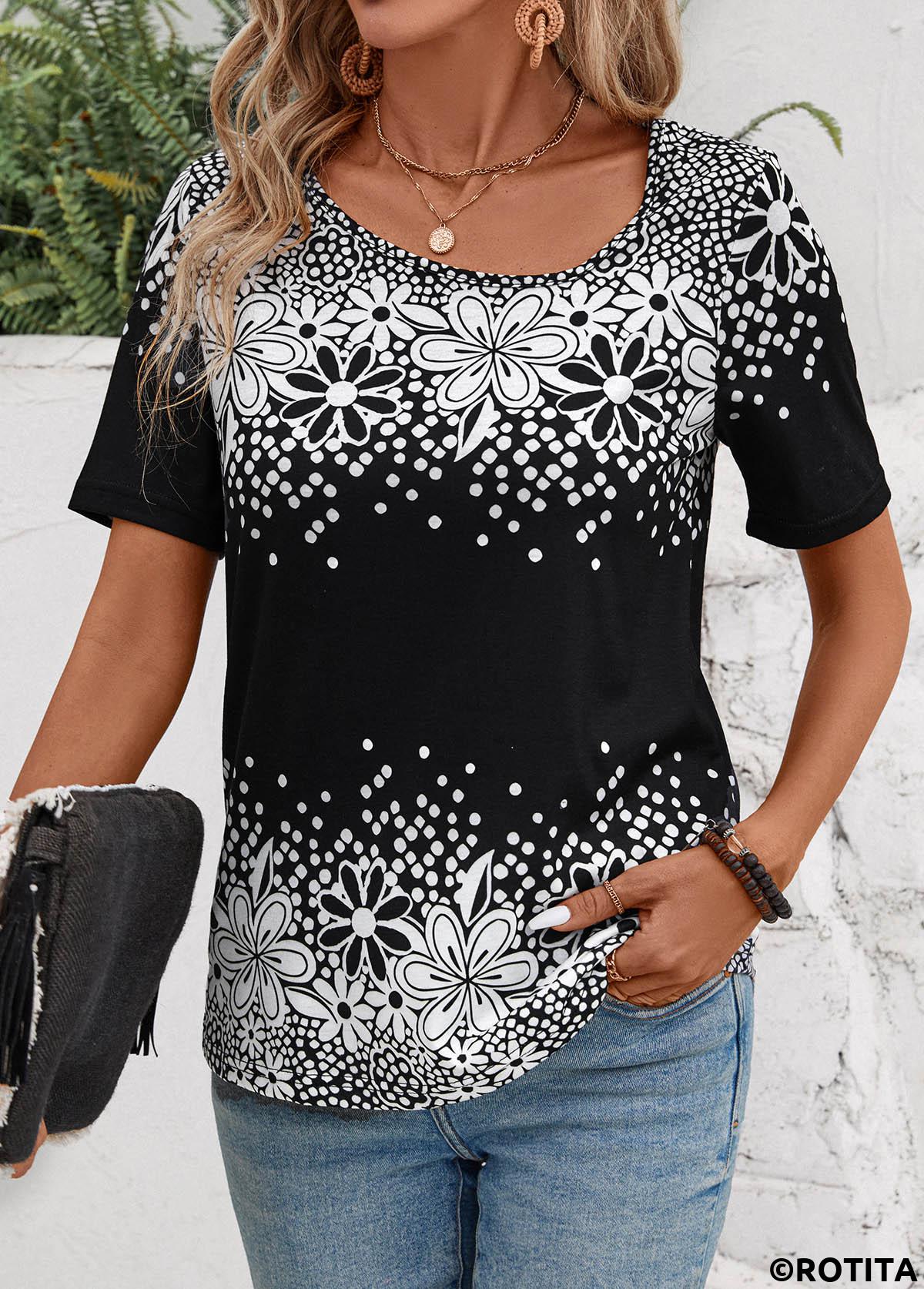 Schwarzes T-Shirt mit Blumenmuster und asymmetrischem Ausschnitt und kurzen Ärmeln