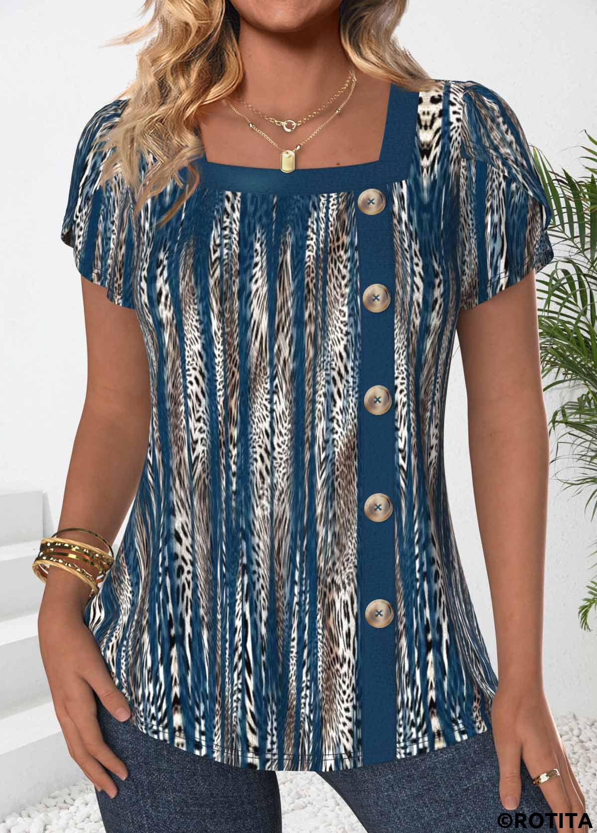Peacock Blue tops,Leopard tops,Animal Print tops,ROTITA Button Leopard Peacock Blue Square Neck T Shirt