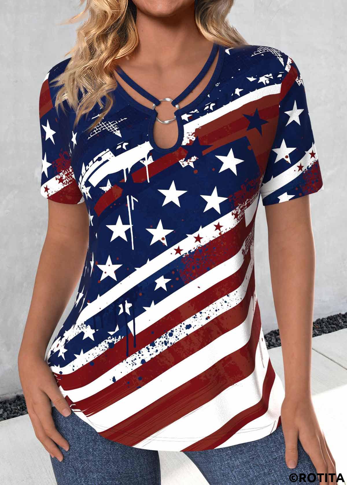 rotita drapeau américain anneau circulaire t-shirt col rond marine