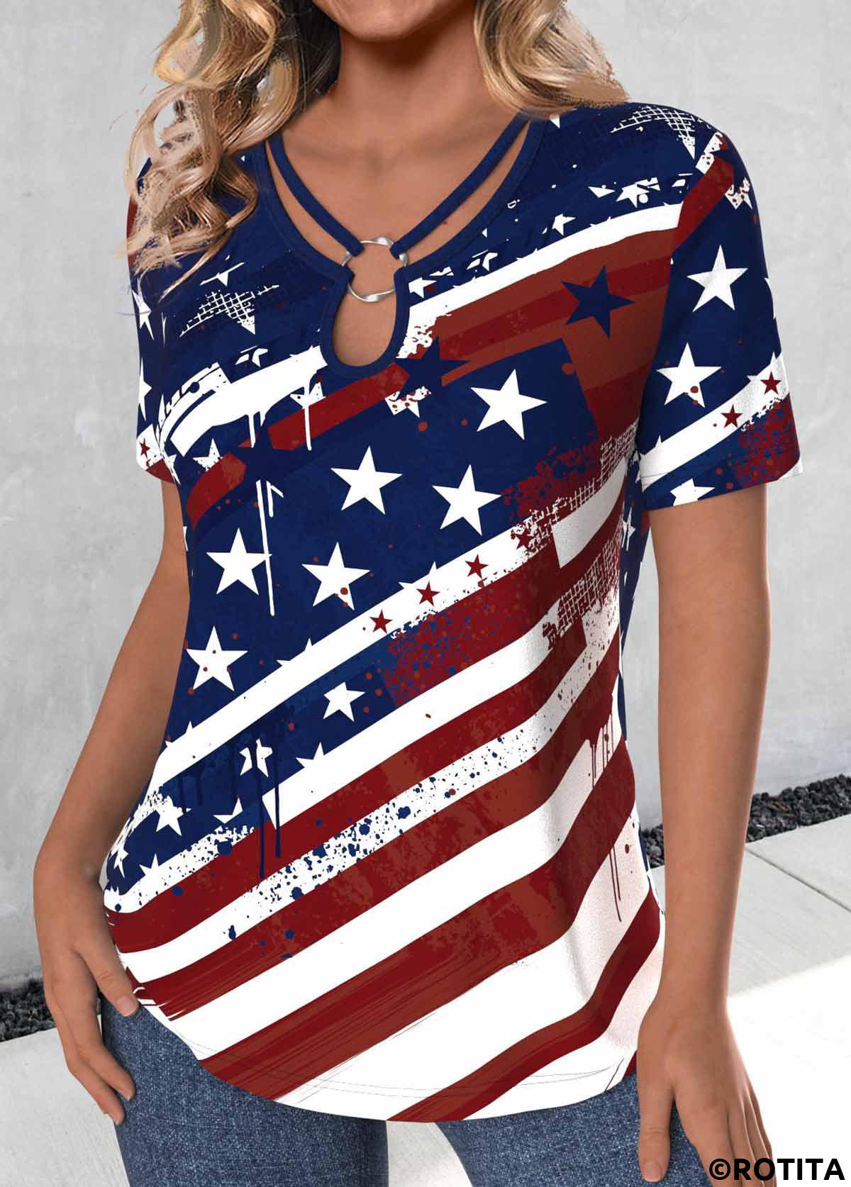 rotita drapeau américain anneau circulaire t-shirt col rond marine