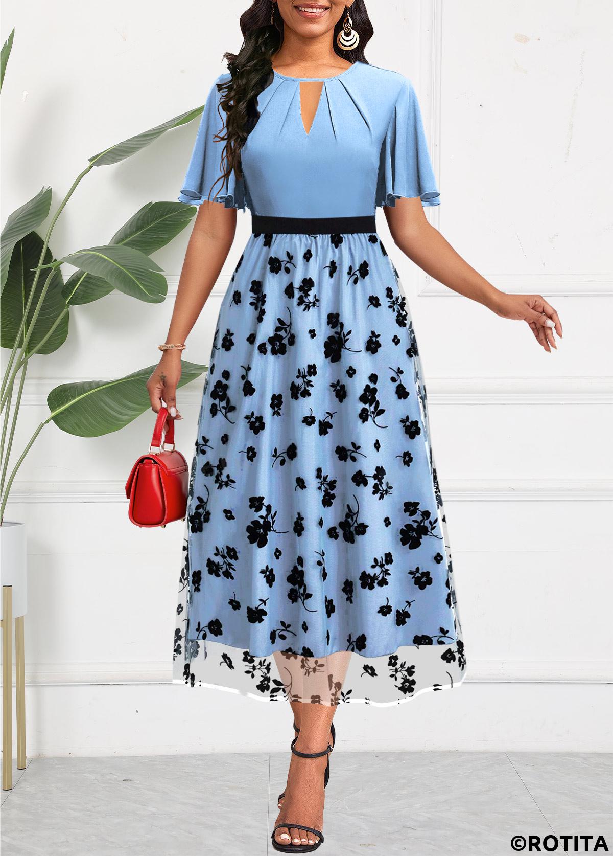 ROTITA Mesh Floral Print Light Blue Round Neck Dress