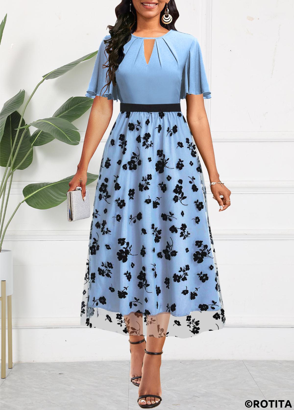 ROTITA Mesh Floral Print Light Blue Round Neck Dress