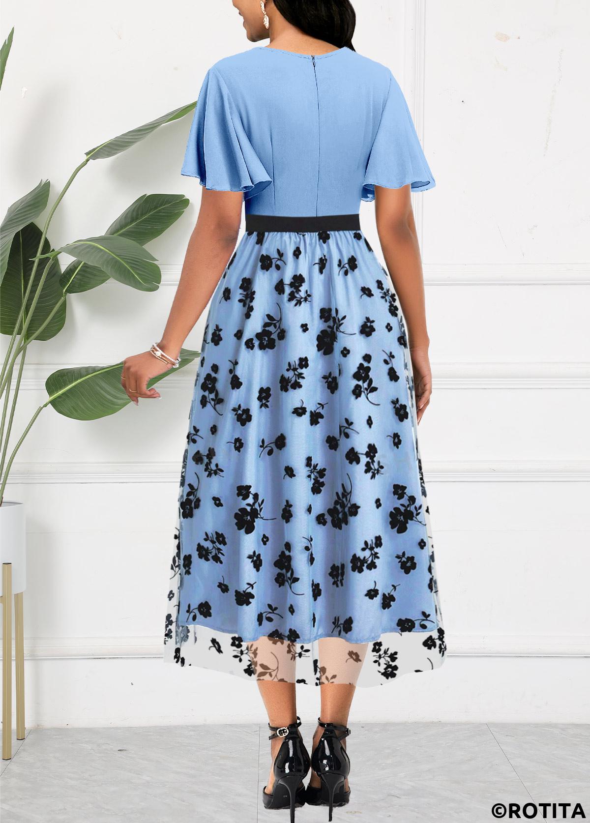 ROTITA Mesh Floral Print Light Blue Round Neck Dress