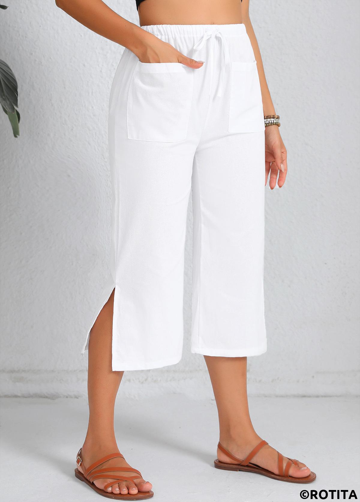 pantalon taille haute blanc avec poche et taille élastique