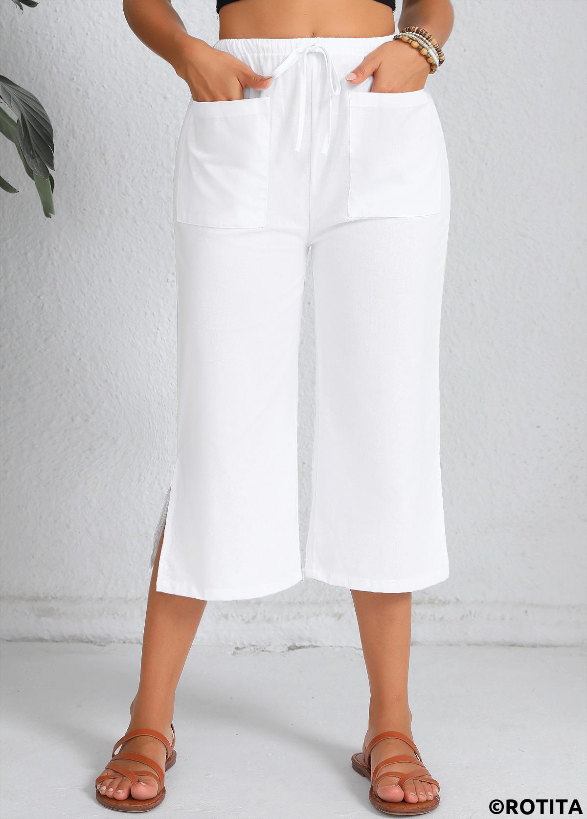 pantalon taille haute blanc avec poche et taille élastique