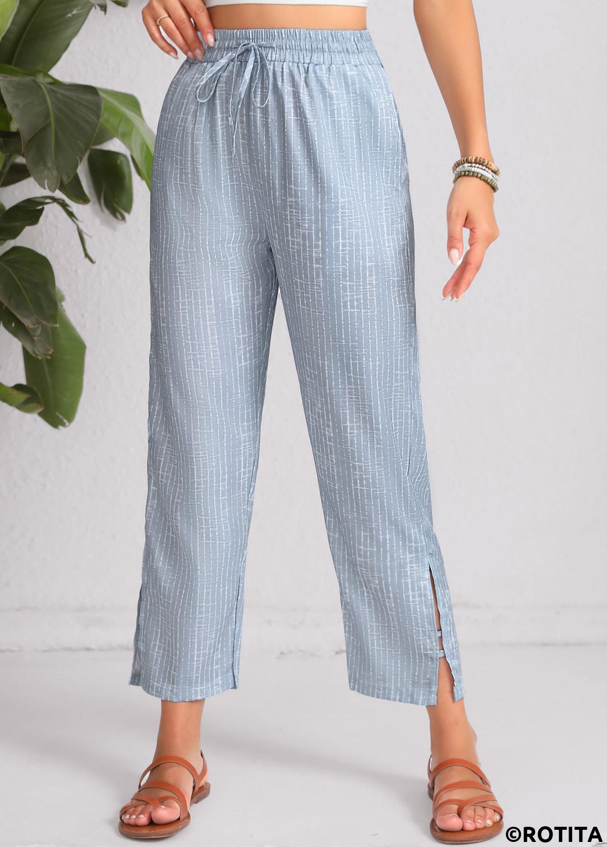 Dusty Blue bottoms,Geometric bottoms,Double Side Pockets Geometric Print Dusty Blue Pants