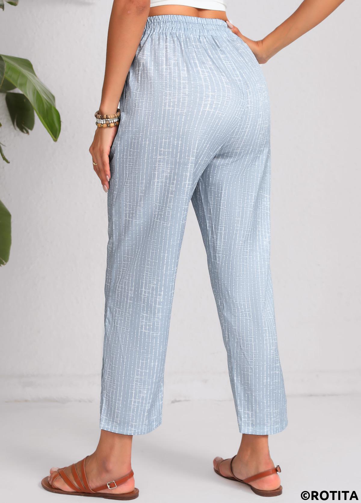 Dusty Blue bottoms,Geometric bottoms,Double Side Pockets Geometric Print Dusty Blue Pants