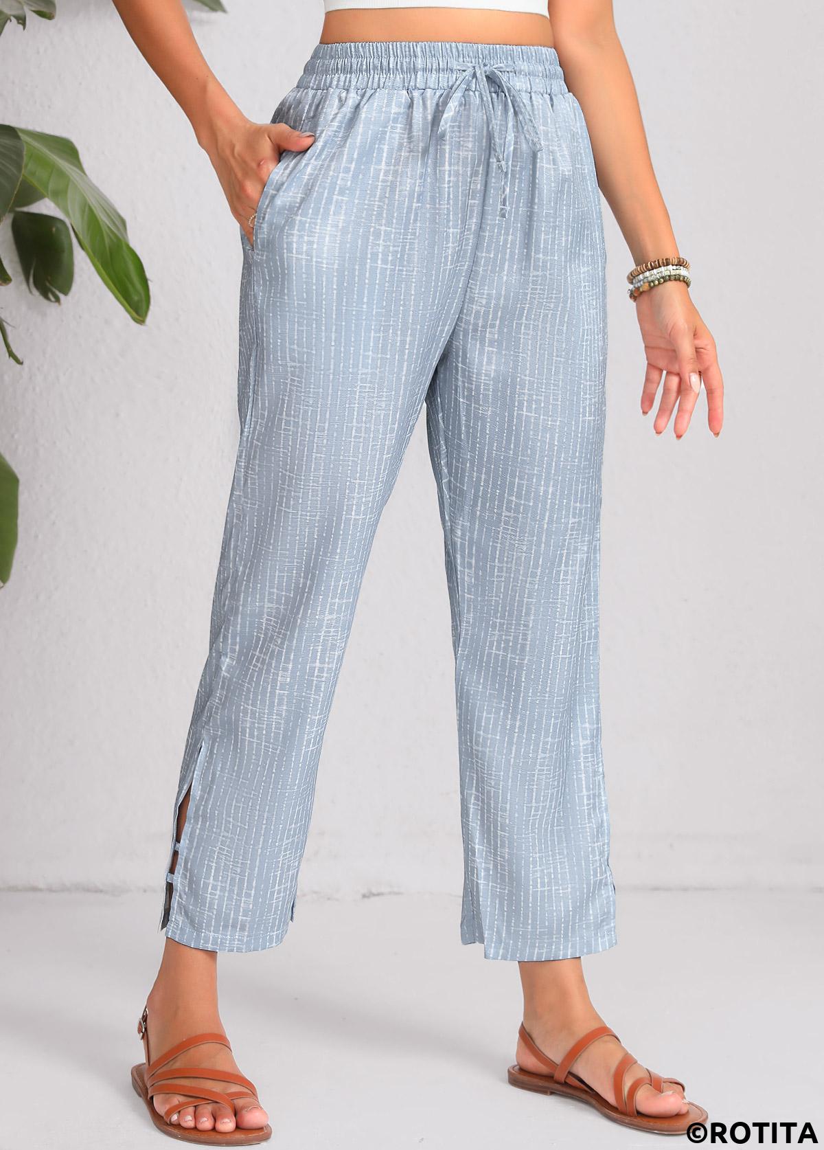 Dusty Blue bottoms,Geometric bottoms,Double Side Pockets Geometric Print Dusty Blue Pants