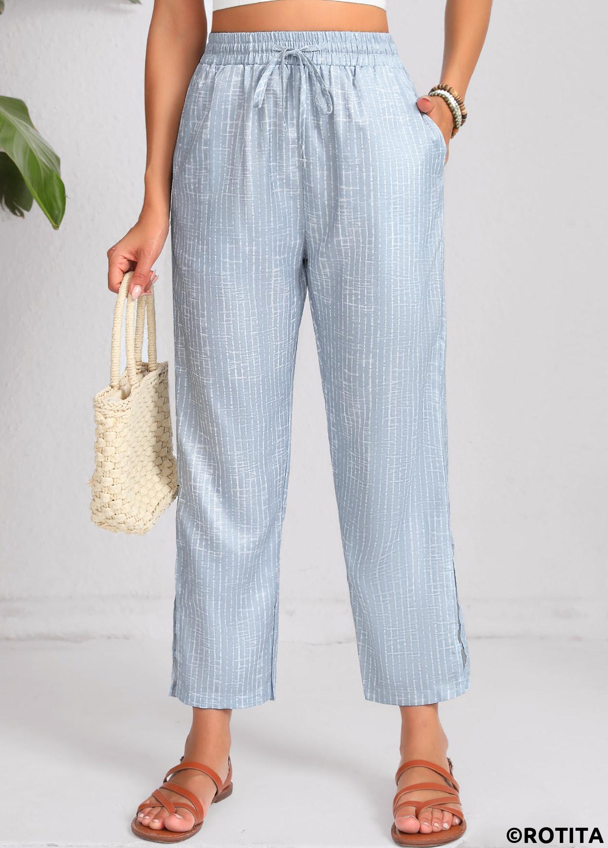 Dusty Blue bottoms,Geometric bottoms,Double Side Pockets Geometric Print Dusty Blue Pants