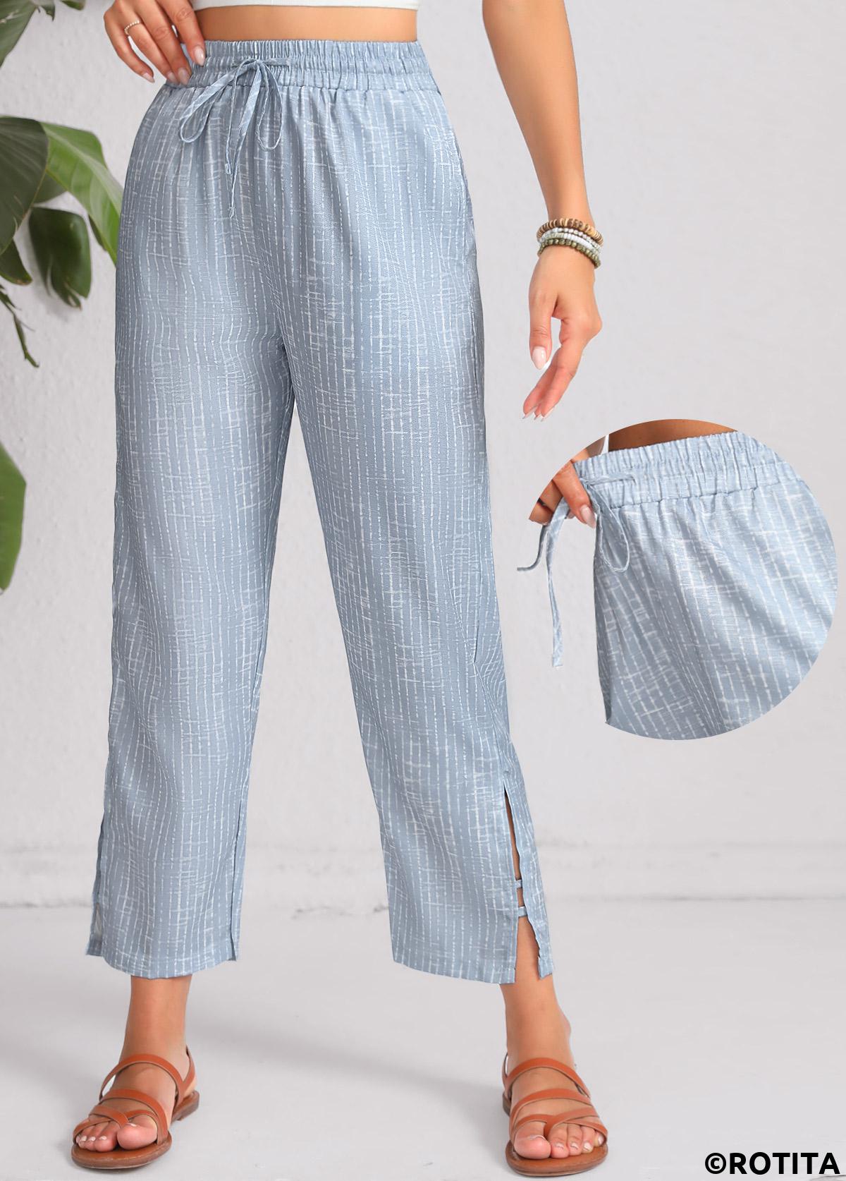 Dusty Blue bottoms,Geometric bottoms,Double Side Pockets Geometric Print Dusty Blue Pants