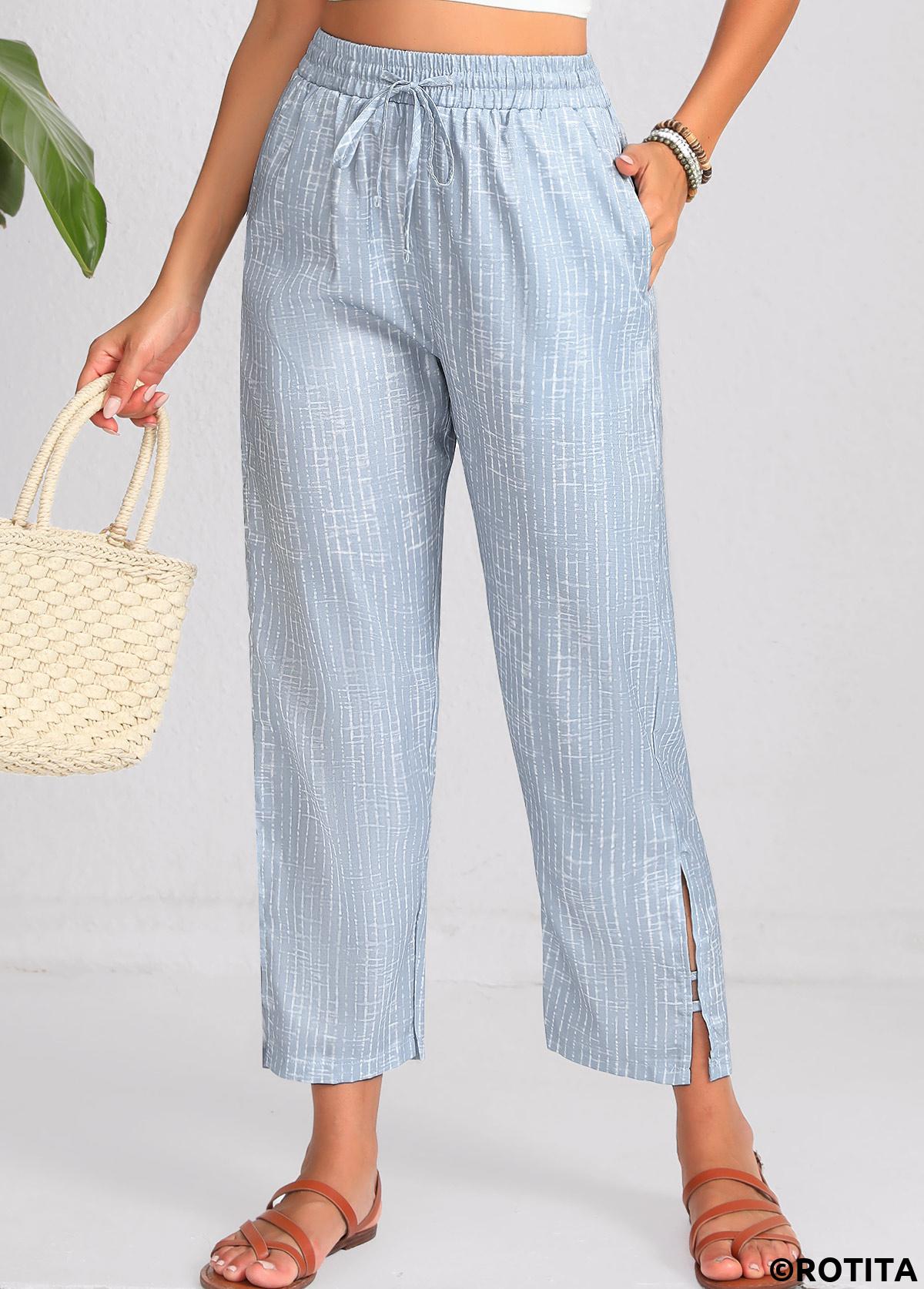Dusty Blue bottoms,Geometric bottoms,Double Side Pockets Geometric Print Dusty Blue Pants